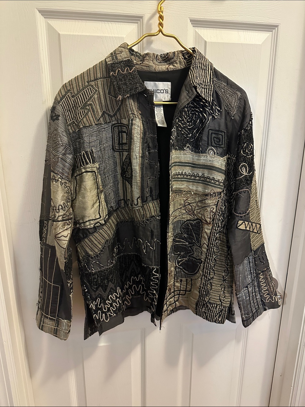 Chico's Black and Cream Patchwork Embroidered Jean Jacket